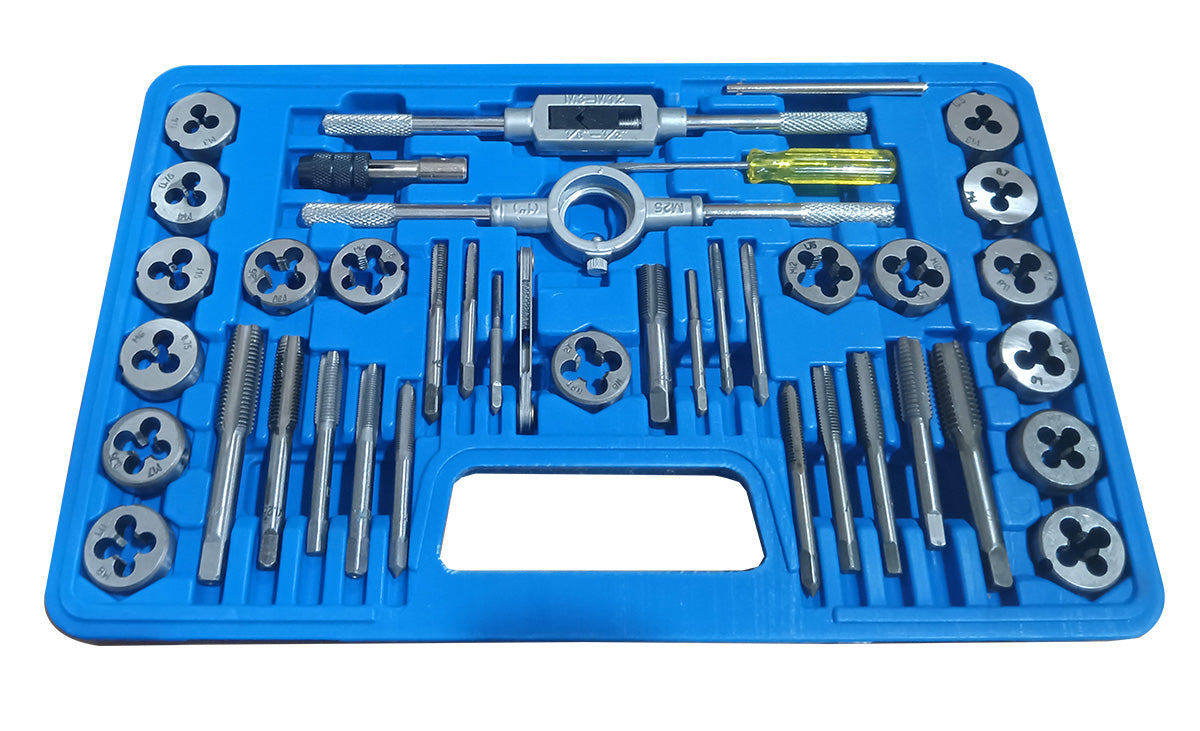 40-piece tap and die set with metric, UNC, and NPT taps & dies in storage case for thread cutting and repair.