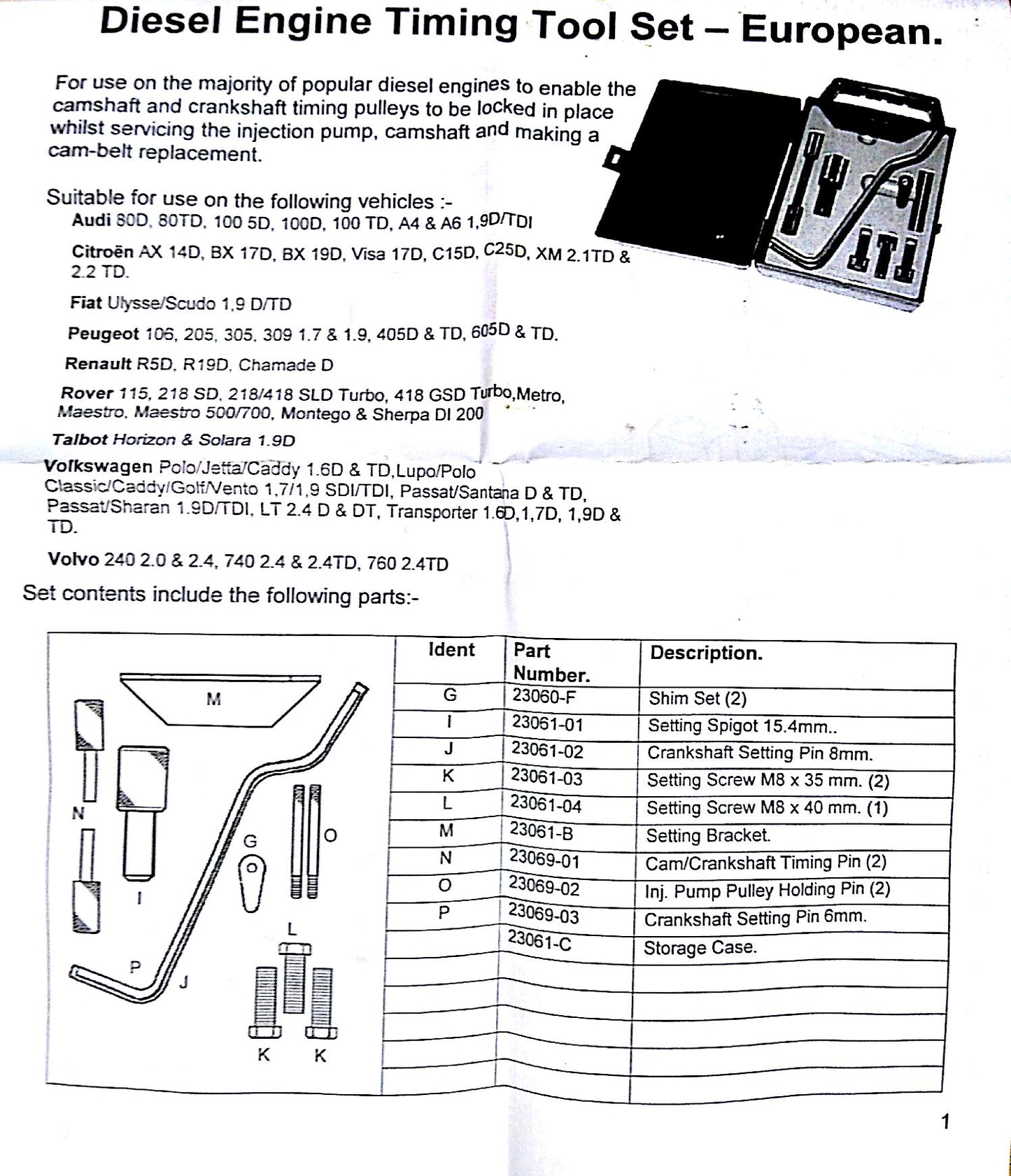 Diesel Engine Timing Tool Set - European
