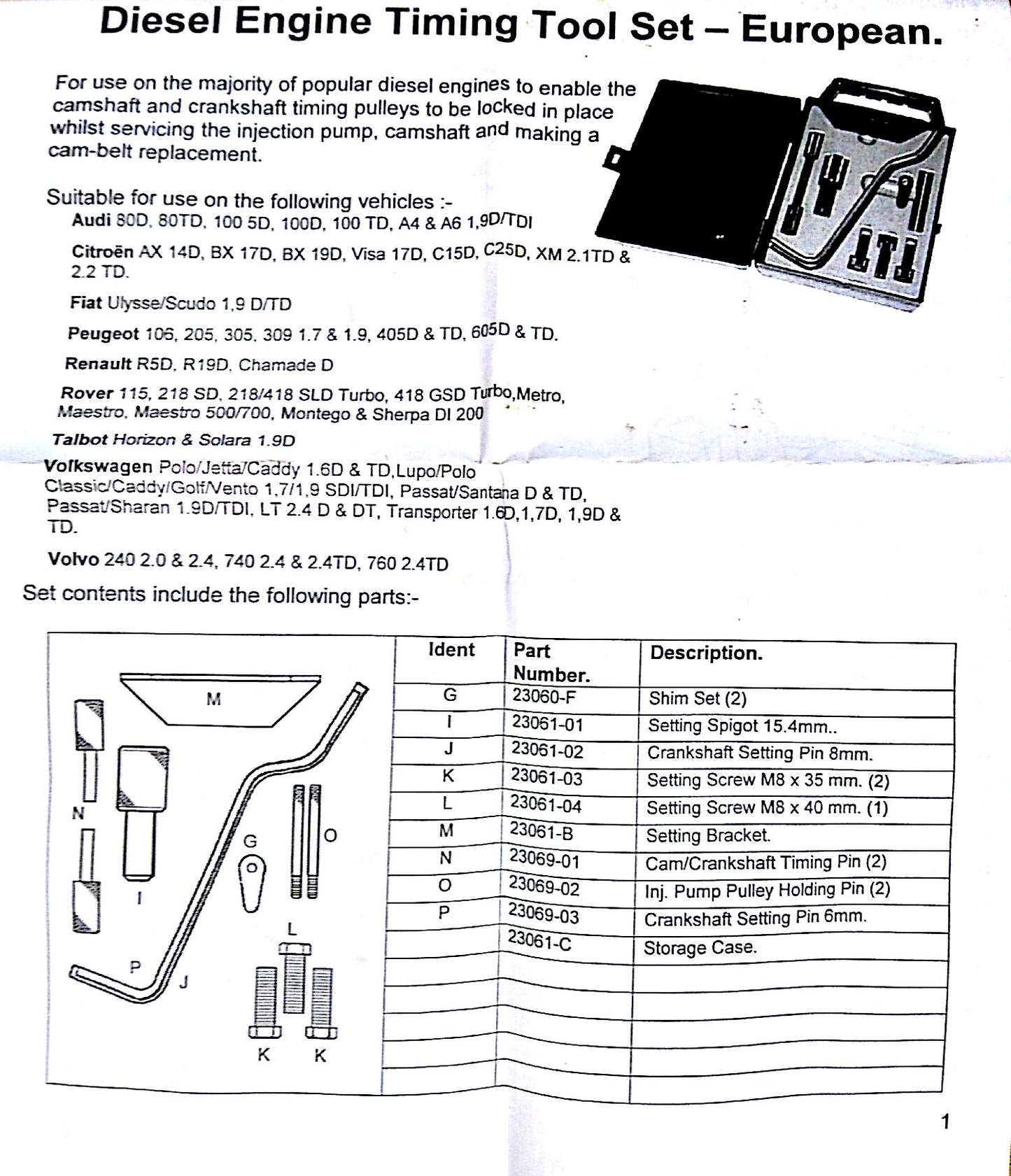 DIESEL ENGINE TIMING TOOL SET - EUROPEAN