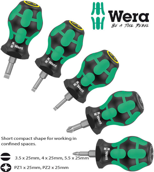 5PC STUBBY POZI PZ & SLOTTED FLAT BLADE SCREWDRIVER SET FROM WERA TOOLS