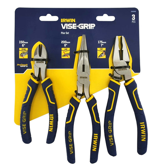 IRWIN VISE-GRIP 3PC PLIERS SET WITH 6" CUTTERS, 8" LONG NOSE & 7" COMBI PLIERS