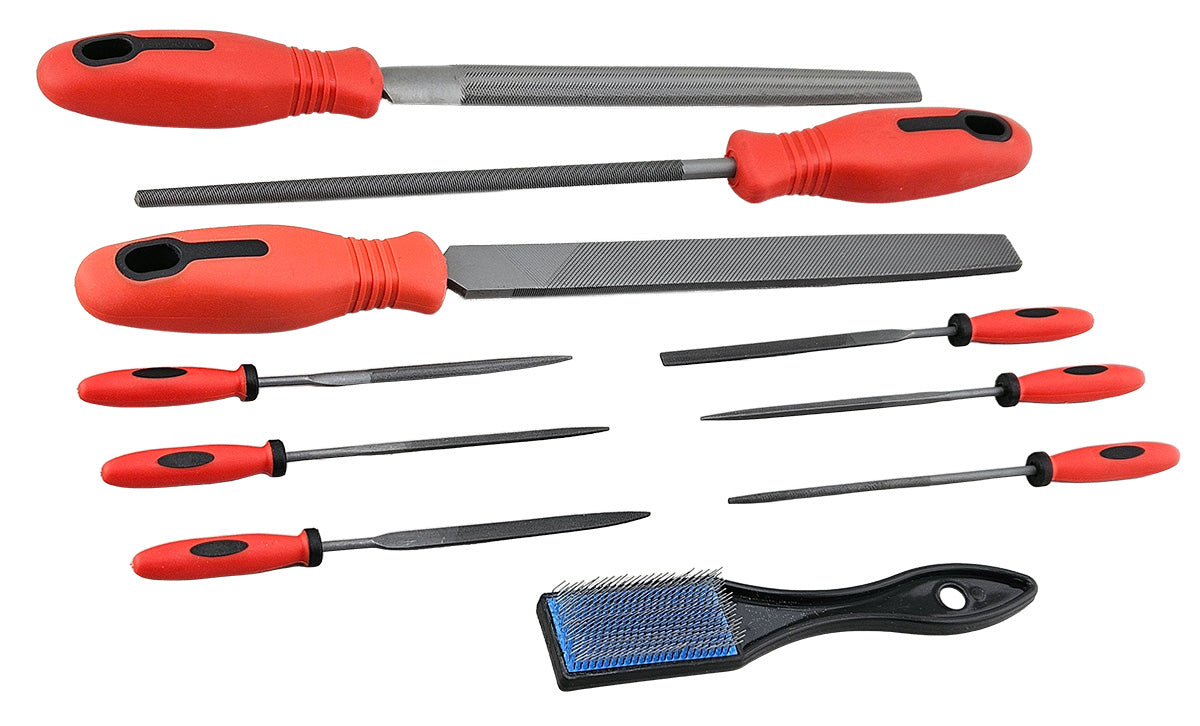 Set of metal files and a brush with red handles on a white background