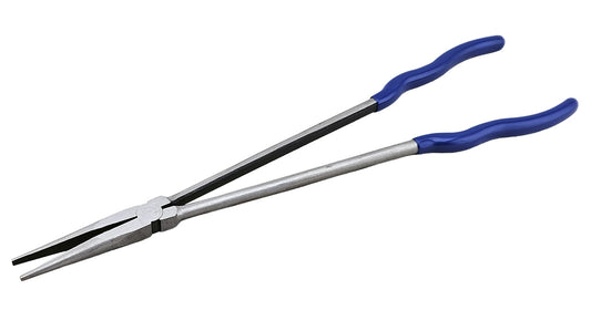 Pair of extra long needle nose pliers with blue handles.