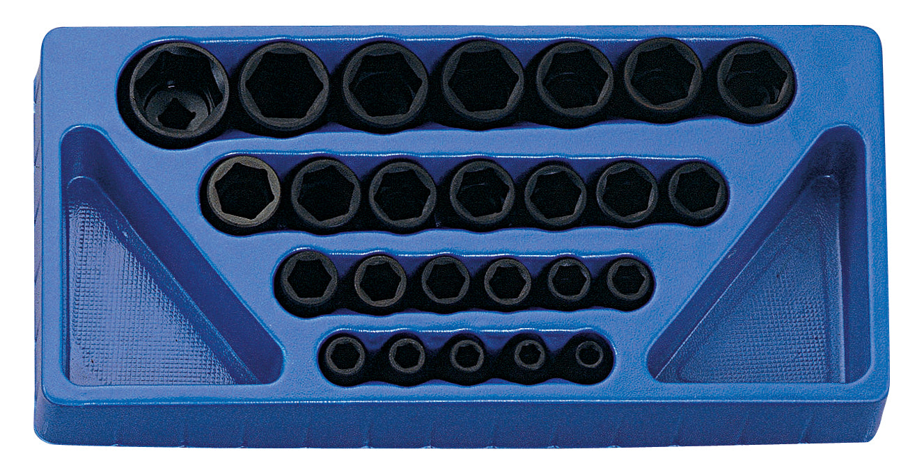 A set of 25 metric black impact sockets in a blue plastic storage tray. Contains sizes 10-32mm.