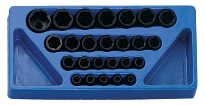 A set of 25 metric black impact sockets in a blue plastic storage tray. Contains sizes 10-32mm.