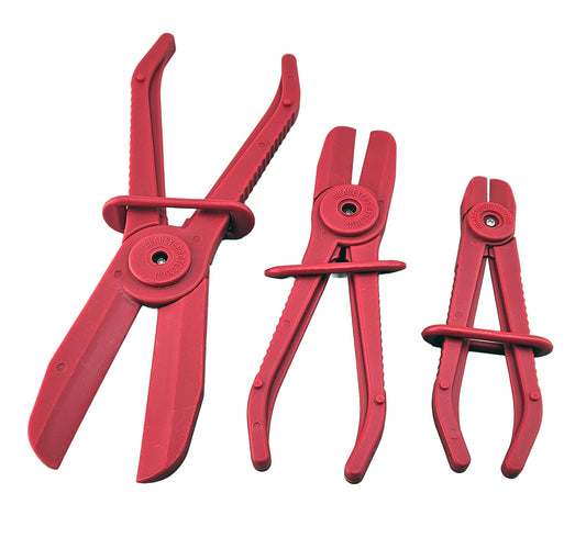 Set of three red plastic pliers for clamping flexible car hoses.