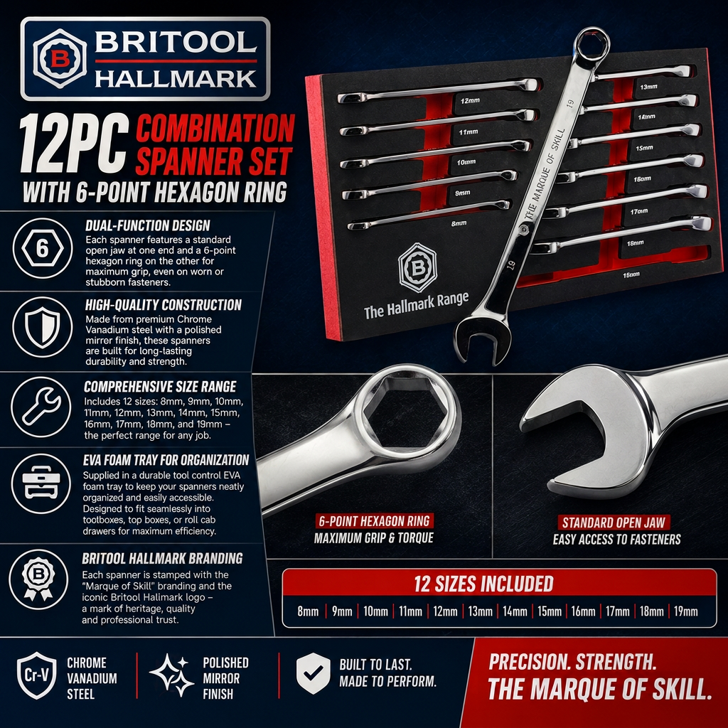 12PC Combination Spanner Set with 6-Point Hexagon Ring by Britool Hallmark
