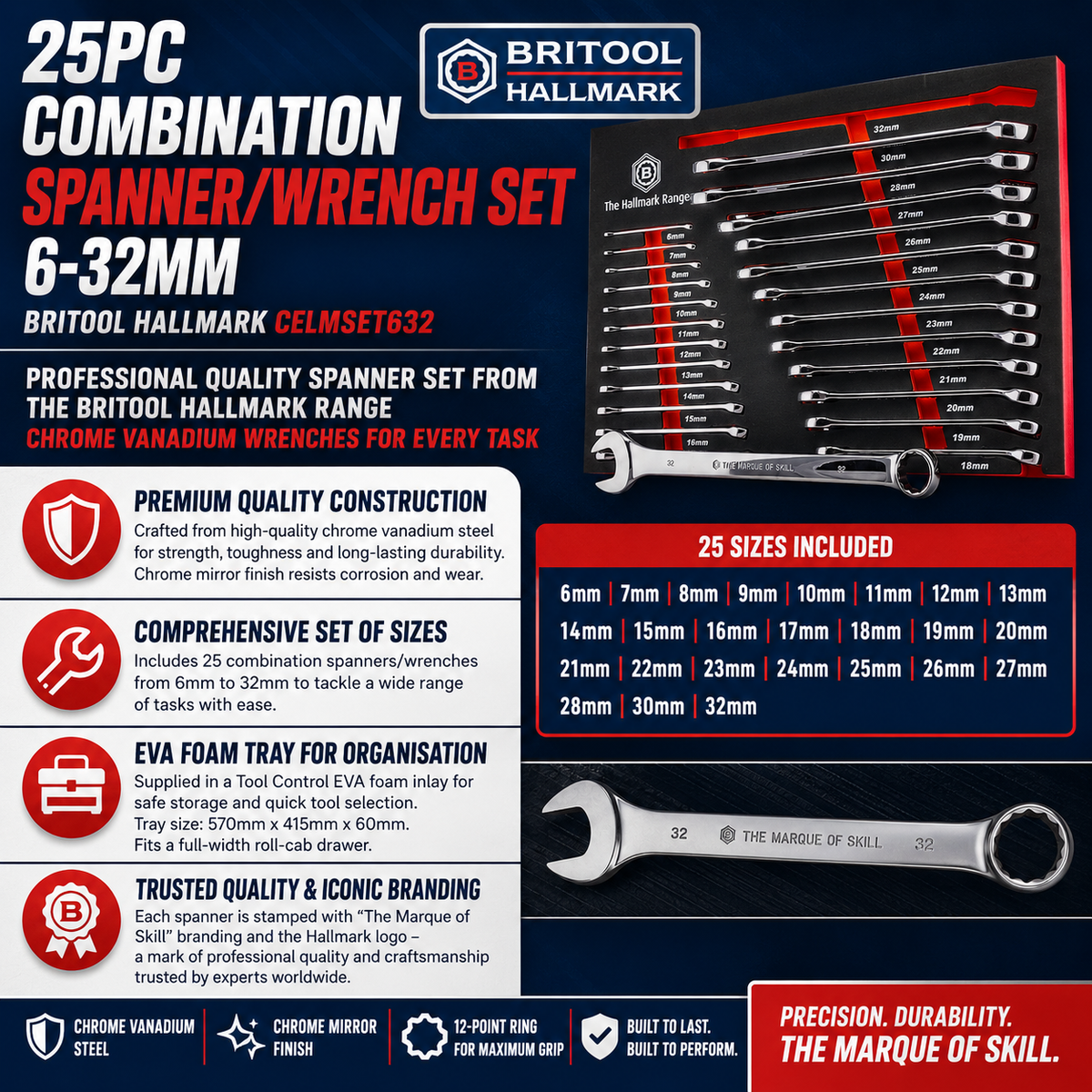 25pc Combination Spanner Set 6-32mm - Britool Hallmark CELMSET632