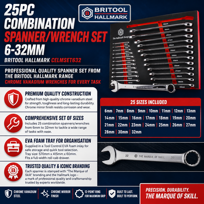 25pc Combination Spanner Set 6-32mm - Britool Hallmark CELMSET632
