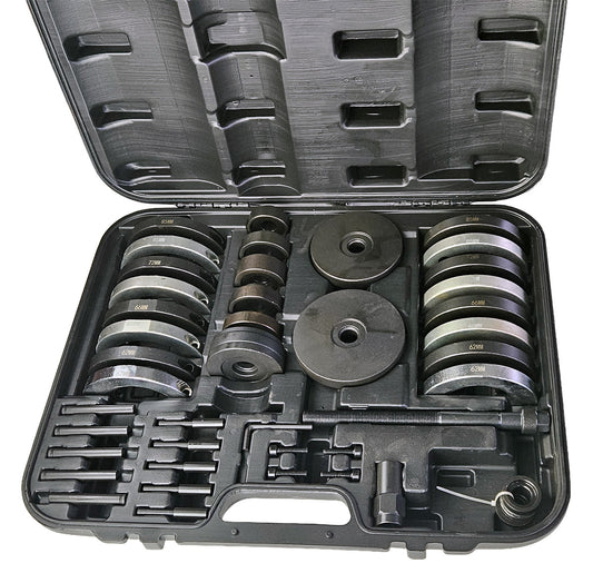 Set of metal components for GEN2 wheel bearing extraction in a black plastic case.