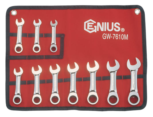 10PC STUBBY RATCHETING WRENCH / SPANNER SET BY GENIUS TOOLS GW-7610M
