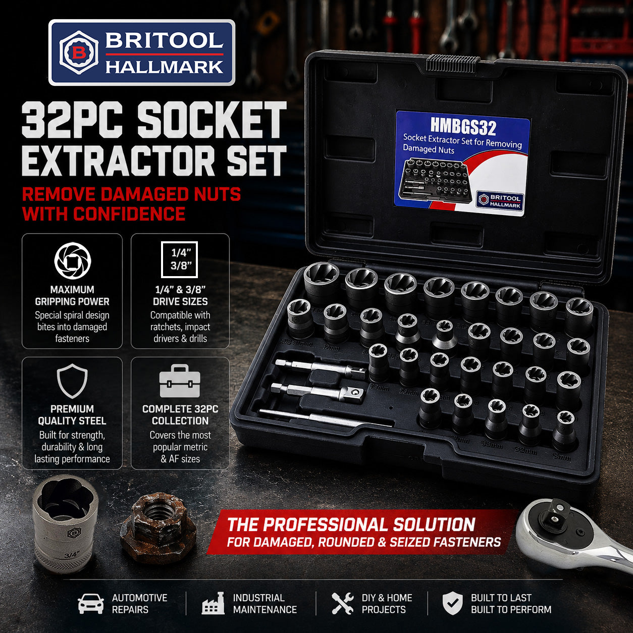 32pc Socket Extractor Set for Removing Damaged Nuts - Britool Hallmark