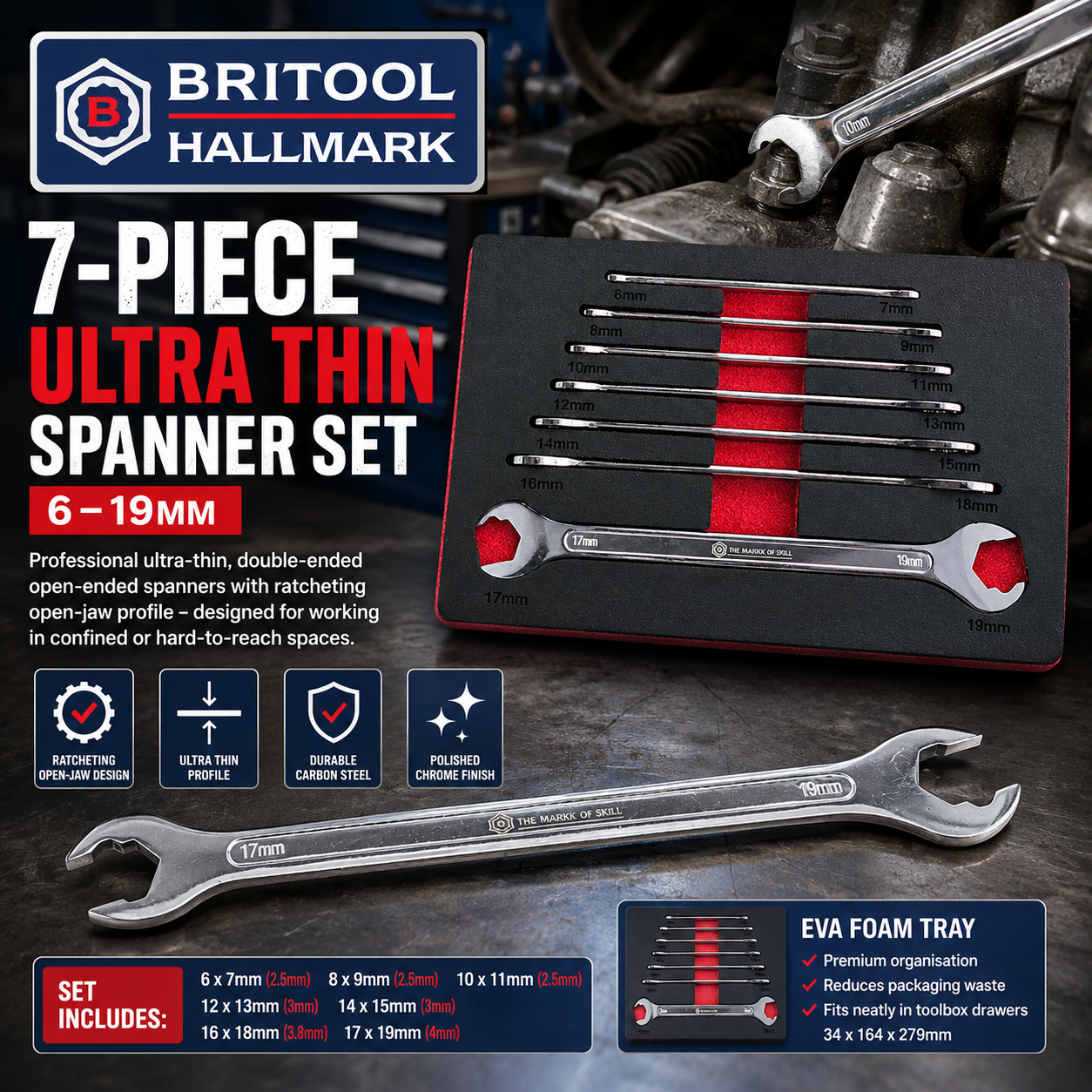 7-Piece Ultra Thin Spanner Set 6-19mm - Britool Hallmark