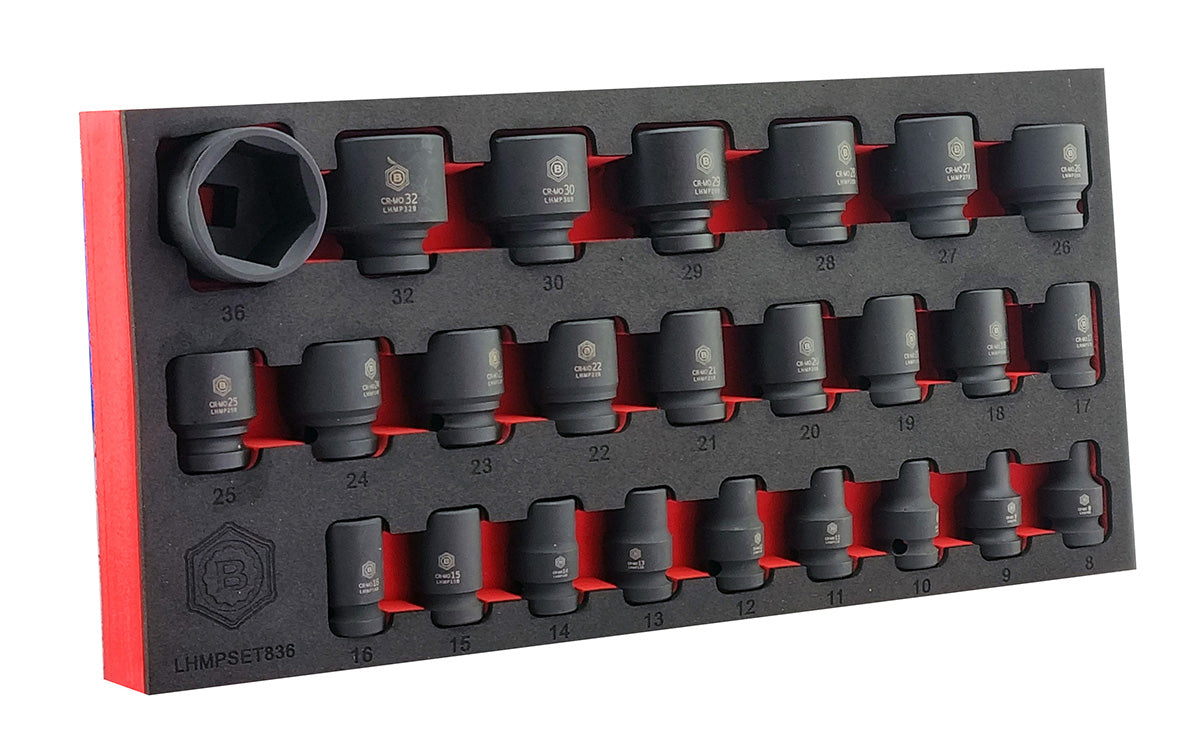 1/2" Drive 6-Point Standard Impact Socket Set 8-36mm + E-Torx Impact Set E10-E24