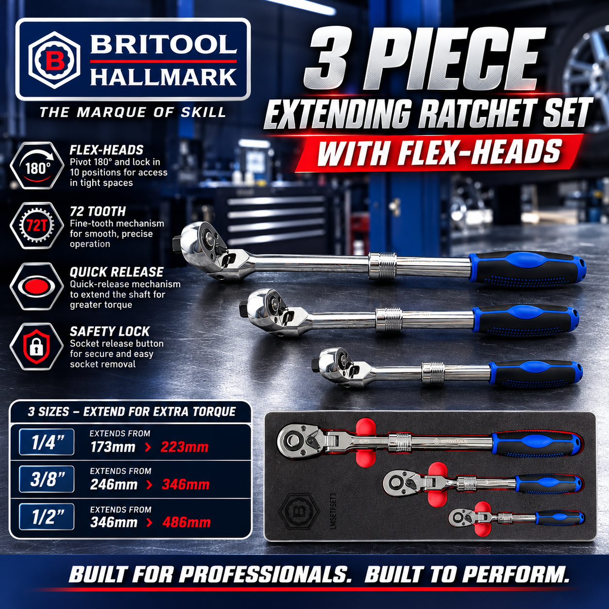 3Pc Extending Ratchet Wrench Set With Flex-Heads - Britool Hallmark