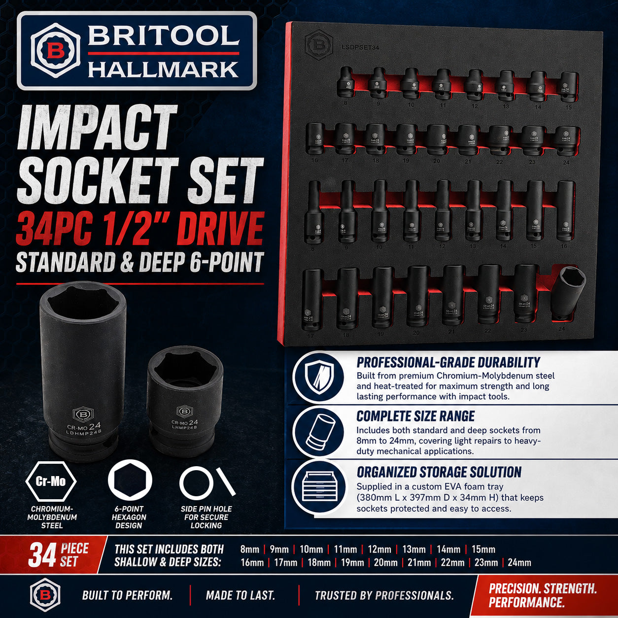 Britool Hallmark Impact Socket Set, 8-24mm - 34Pc 1/2" Drive Standard & Deep 6-Point