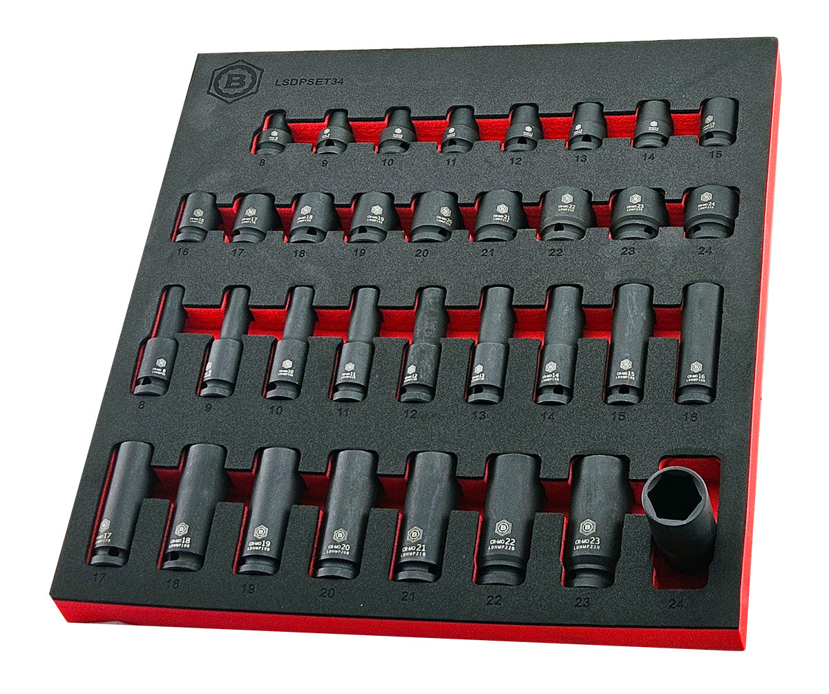 Britool Hallmark Impact Socket Set, 8-24mm - 34Pc 1/2" Drive Standard & Deep 6-Point