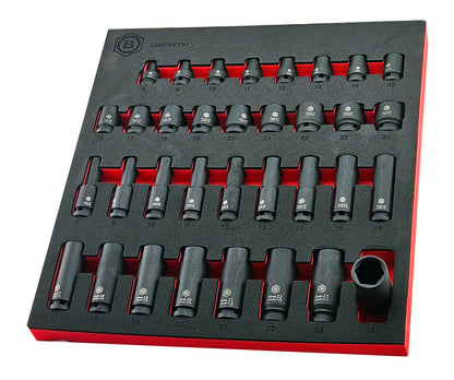 Britool Hallmark Impact Socket Set, 8-24mm - 34Pc 1/2" Drive Standard & Deep 6-Point