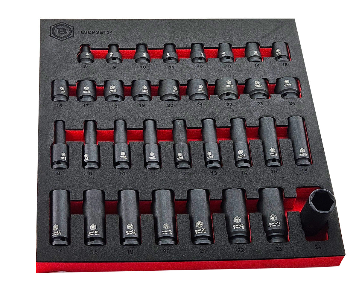 Britool Hallmark Impact Socket Set, 8-24mm - 34Pc 1/2" Drive Standard & Deep 6-Point