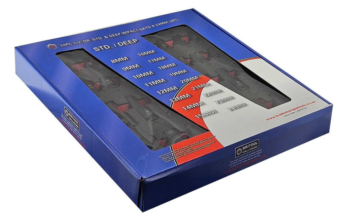 Britool Hallmark Impact Socket Set, 8-24mm - 34Pc 1/2" Drive Standard & Deep 6-Point