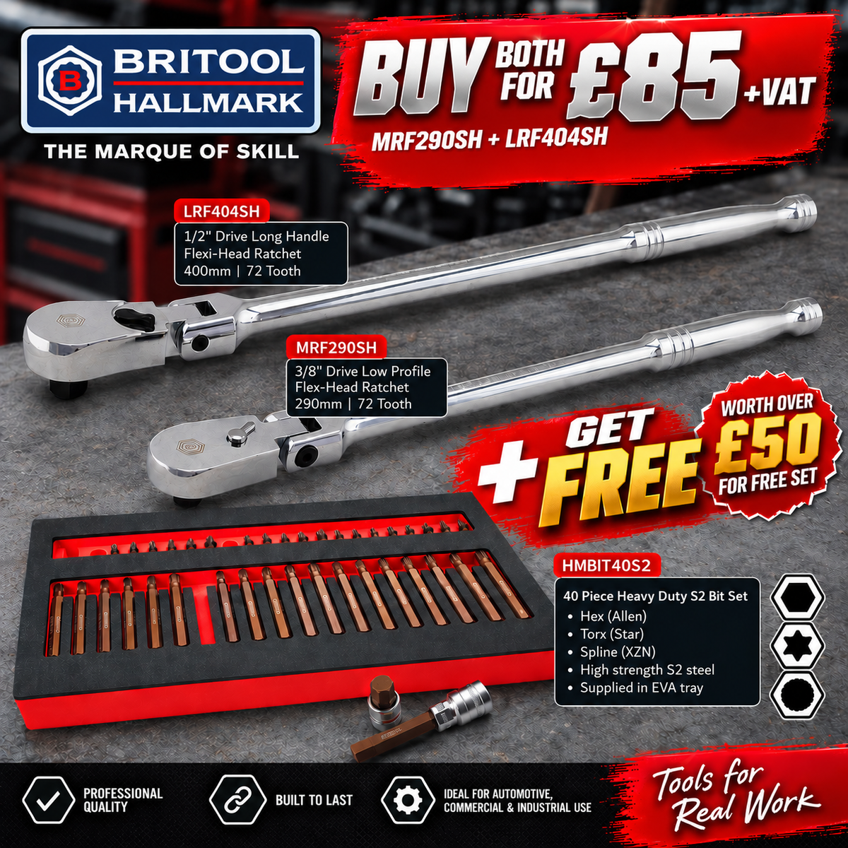 3/8" & 1/2" Low Profile Flexi Ratchets + FREE 40Pc S2 Steel Bit Socket Set - Hex, Torx and Spline