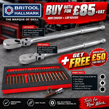 3/8" & 1/2" Low Profile Flexi Ratchets + FREE 40Pc S2 Steel Bit Socket Set - Hex, Torx and Spline