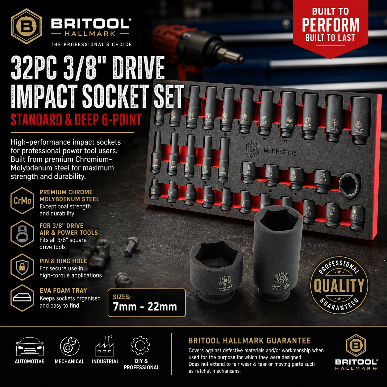 32Pc 3/8" Standard & Deep 6-Point Impact Socket Set By Britool Hallmark