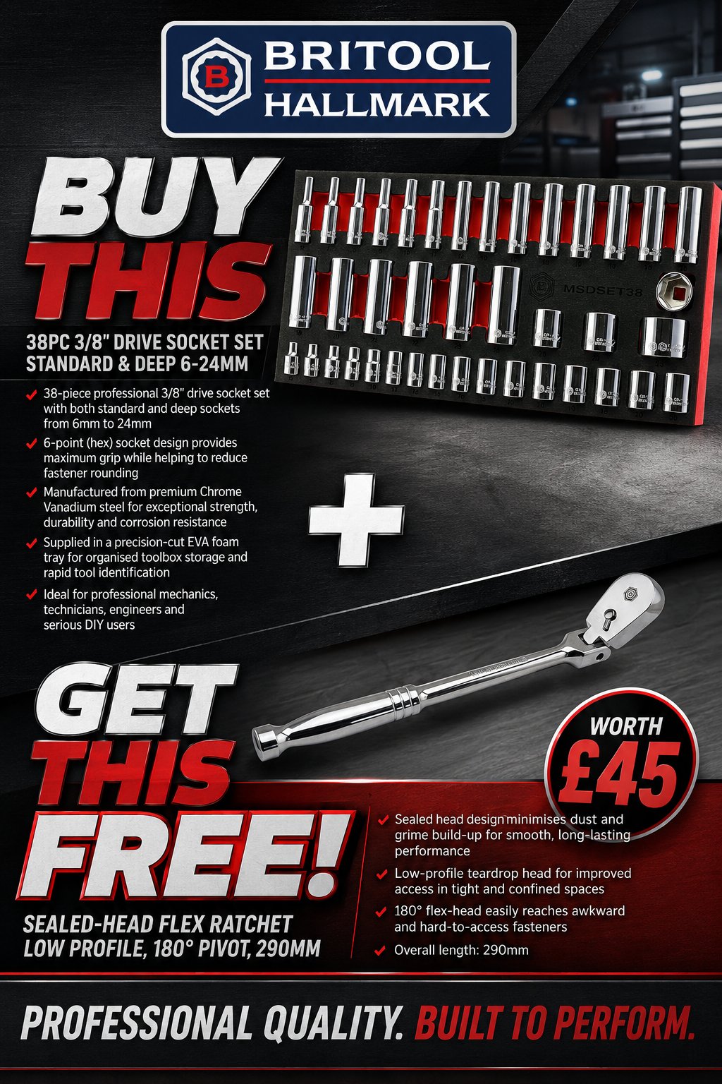 38Pc 3/8" Dr. Standard & Deep Socket Set (6-Point) + Free Flexi Low Profile Ratchet