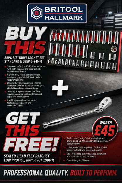38Pc 3/8" Dr. Standard & Deep Socket Set (6-Point) + Free Flexi Low Profile Ratchet