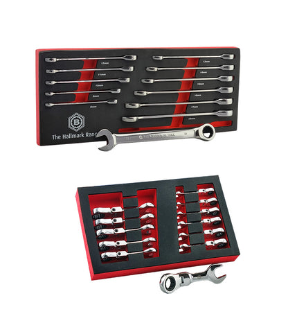 12pc Ratchet Spanner Set 8-19mm + Flexi Stubby Ratchet Spanner Set - Britool Hallmark