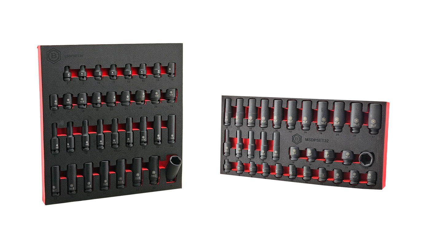Two sets of impact sockets 3/8" & 1/2" drive  in black and red packaging on a white background.
