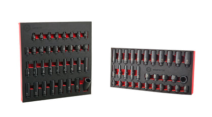 Two sets of impact sockets 3/8" & 1/2" drive  in black and red packaging on a white background.