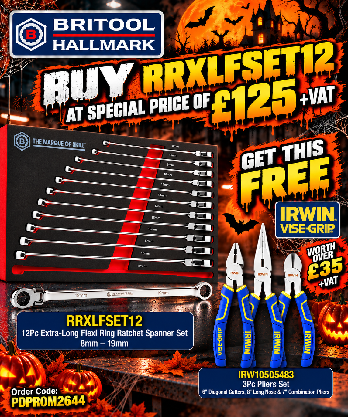 Britool 12Pc Extra-Long Flexi Ring Ratchet Spanner Set + FREE Irwin Pliers Set
