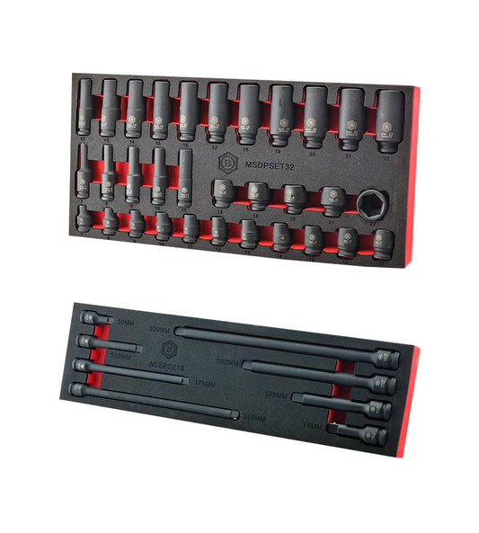 32Pc 3/8" Standard & Deep 6-Point Impact Socket Set + 8pc Extension Bar Set