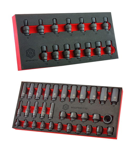 Britool 3/8" Dr. Flexi Swivel Joint + Standard & Deep 12-Point Impact Socket Sets