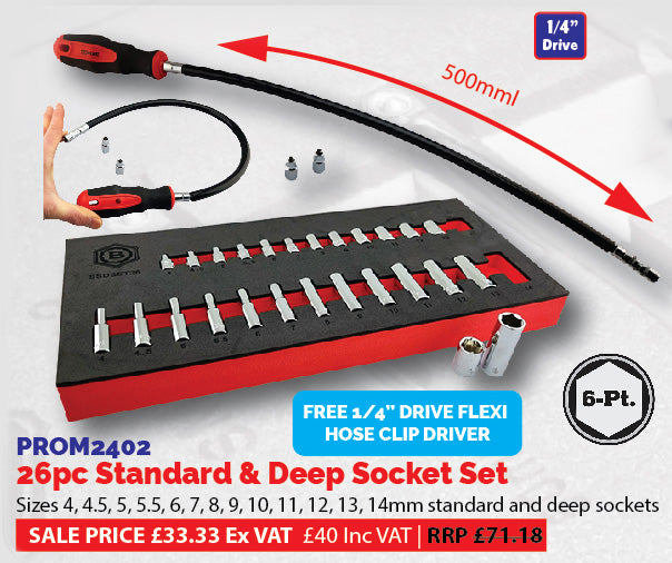 26Pc 1/4" Dr. Standard & Deep (6-Point) Socket Set + Free Flexi Hose Clip Driver