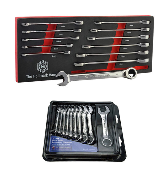 12pc Ratchet Spanner Set 8-19mm + Stubby Spanner Set - Britool Hallmark