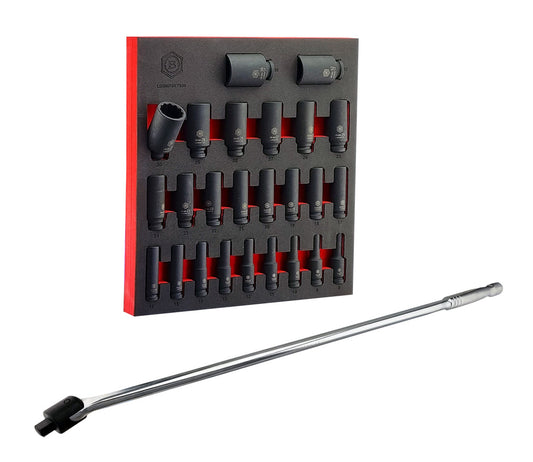 25Pc 1/2" Drive Deep Impact 12-Point Socket Set 8-36mm + FREE Breaker Bar