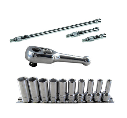 Britool Semi Deep Socket Set 6-15mm + Ratchet + Lock-on Extension Bars