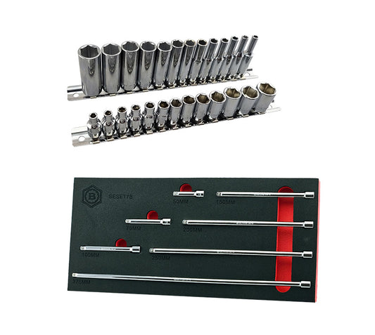 Britool 1/4" Drive Standard & Deep Socket Sets 4-14mm + Extension Bar Set