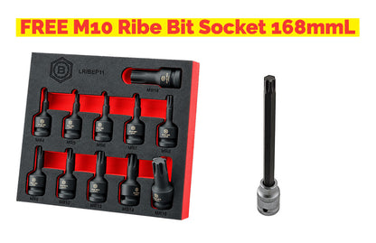 Britool Hallmark 1/2" Drive Ribe Impact Socket Set M4-M18 + FREE M10 Long