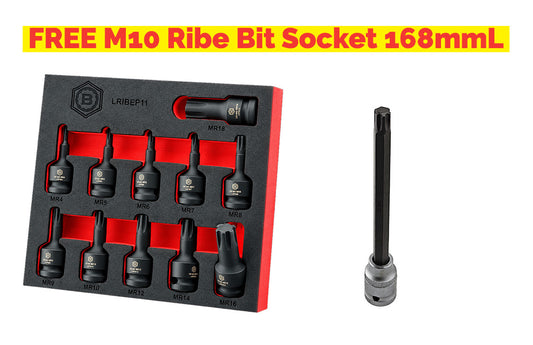 Britool Hallmark 1/2" Drive Ribe Impact Socket Set M4-M18 + FREE M10 Long