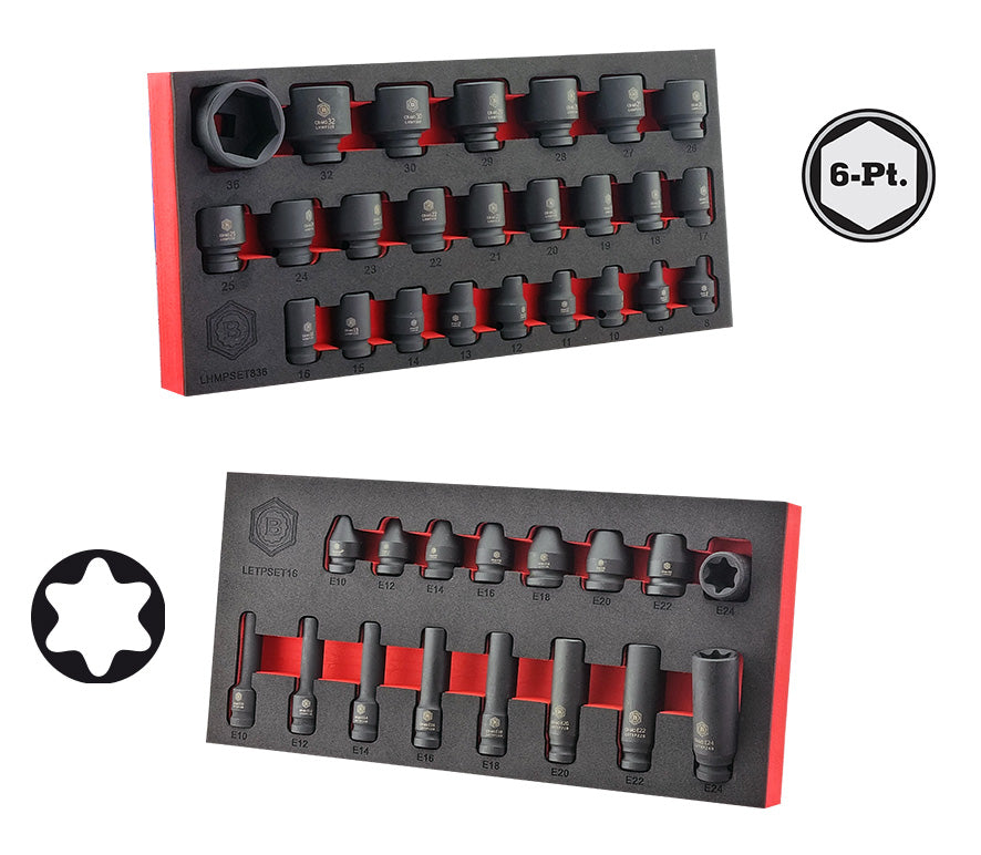 1/2" Drive 6-Point Standard Impact Socket Set 8-36mm + E-Torx Impact Set E10-E24
