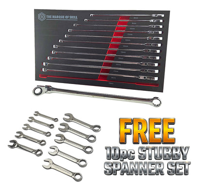 Britool 12Pc Extra-Long Flexi Ring Ratchet Spanner Set + FREE Stubby Wrench Set