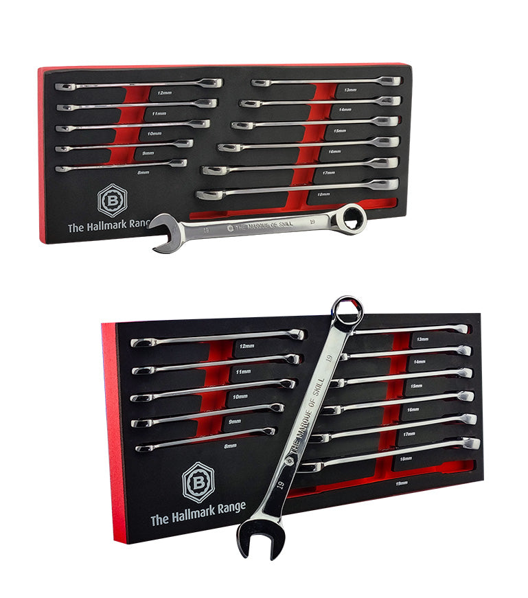 12pc Ratchet Spanner Set 8-19mm + Combi Spanner Set with Hex Ring - Britool Hallmark