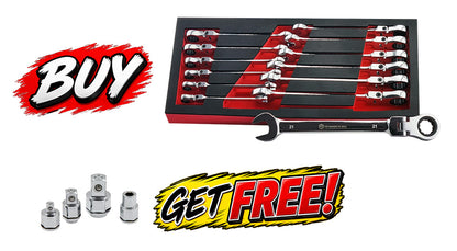 13pc Flexi Ratchet Spanner/Wrench Set 8-21mm + FREE Socket Adaptor Set