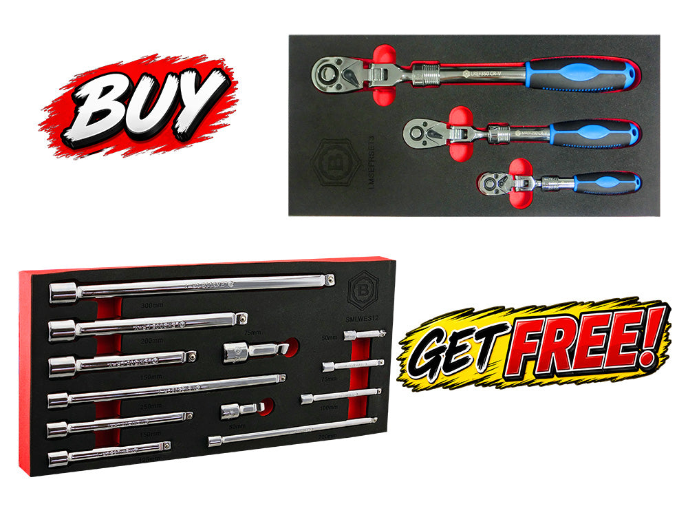 3Pc Extending Ratchet Set With Flex-Heads + Extension Bar Set - Britool Hallmark