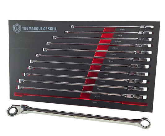 12Pc Extra-Long Flexi Ring Ratchet Spanner Set - Britool Hallmark