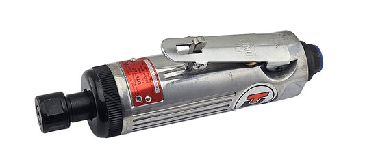 A pneumatic hand tool with a metallic silver body, black plastic end caps, a red label, and a blue connector, shown on a plain white background.