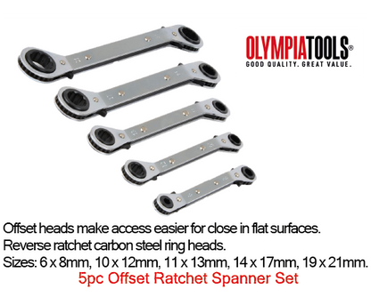 Olympia Tools 5Pc Offset Ratcheting Box Wrench / Ring Spanner Set